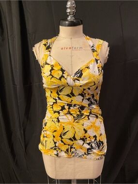 Yellow Floral Halter Tank Top. With Sequin
